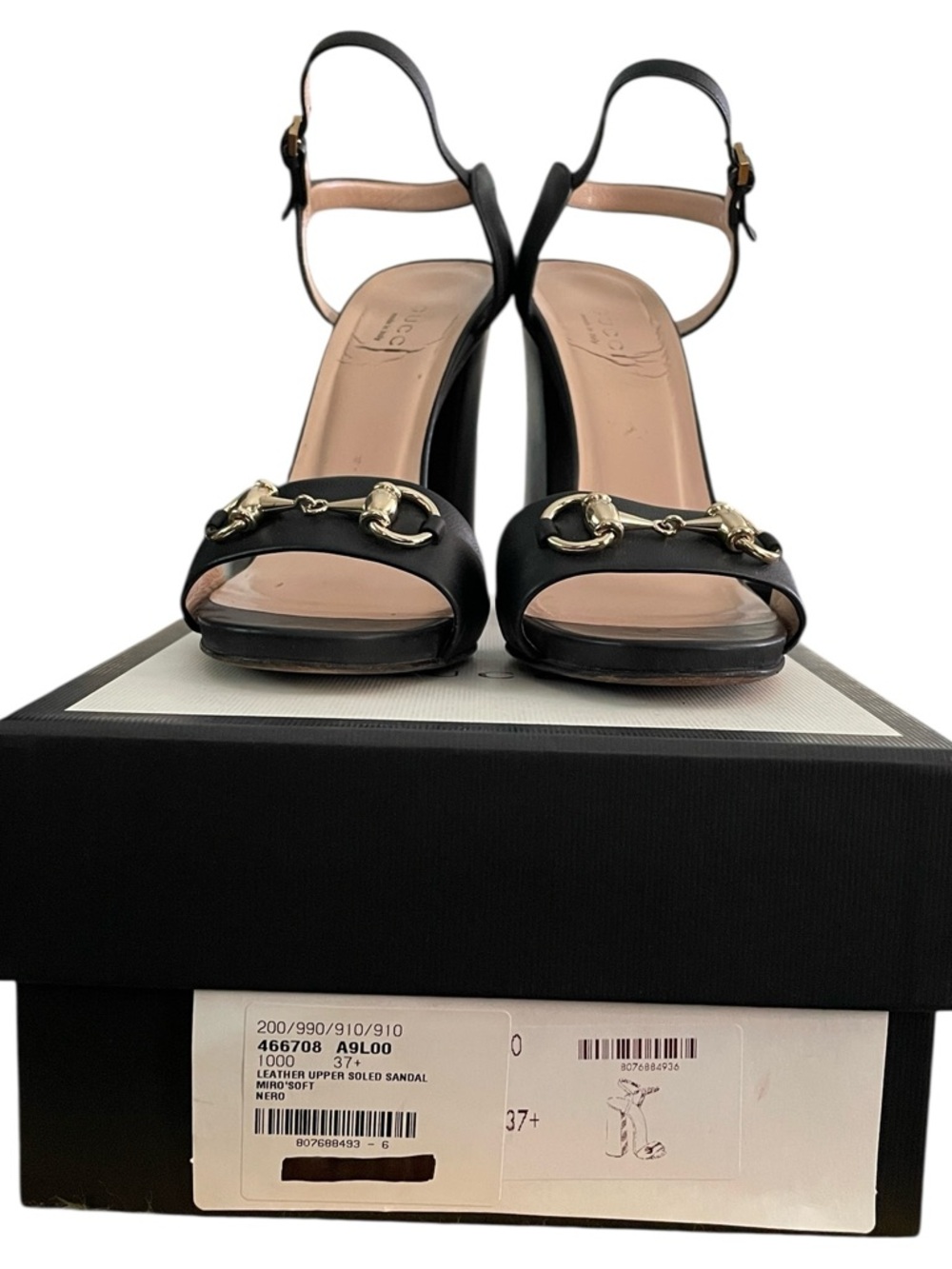 Gucci Women’s Black Leather Upper Horsebit Peep Toe Block Sandal Heels Size 37.5 - Picture 2 of 11